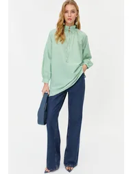 Mint Striped Comfort Fit See-through Woven Tunic
