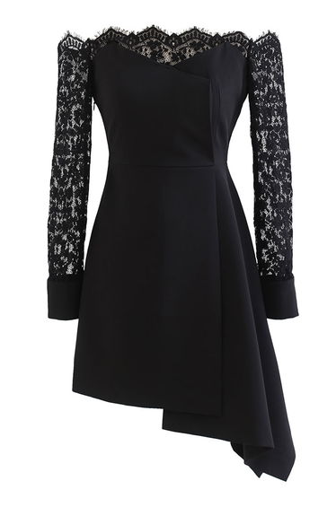 Lace Sleeves Off-Shoulder Asymmetric Flare Dress
