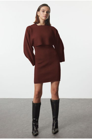 Brown Mini Knitwear Bolero-Dress Suit