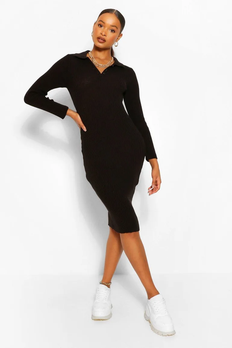 Polo Collar Rib Knit Midi Dress - black