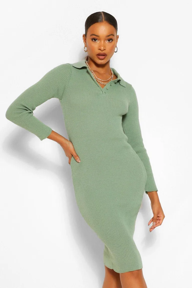 Polo Collar Rib Knit Midi Dress - black - 3