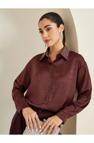 Women Burgundy Satin Embellished Collar Shirt