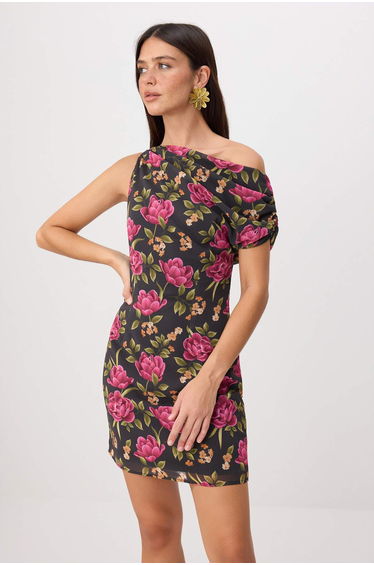 Multi-Colored Floral Asymmetrical Neckline Short / Mini Woven Dress