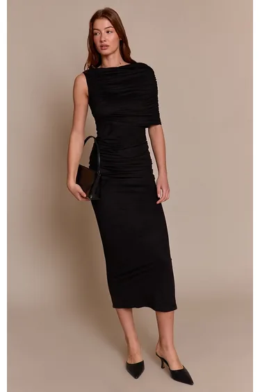 Black Faux Suede One Shoulder Drape Detail Maxi Dress