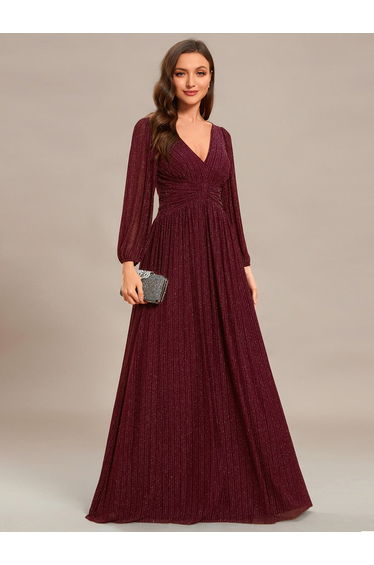 ever BRYM|Glittery Empire Waist Long Lantern Sleeves A-Line Evening Dress