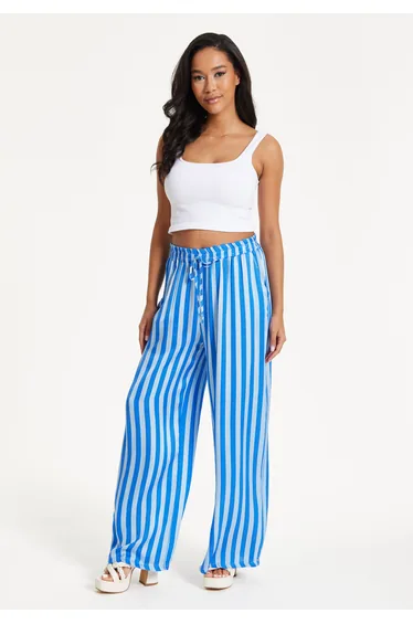 Blue and White Striped Wide Leg Trousers