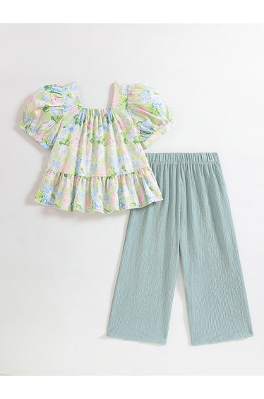 Girls Floral Print Top and Green Pants Set