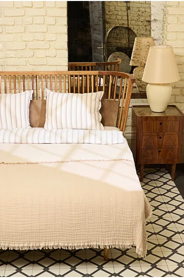 Beige Muslin Tasseled Double Sided Usable Double Bed Cover