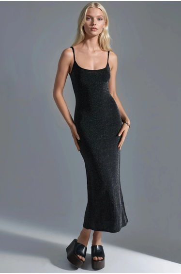 BUSEM Shiny Midi Dress with U Collar