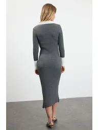 Anthracite Midi Knitwear Color Block Dress - 4