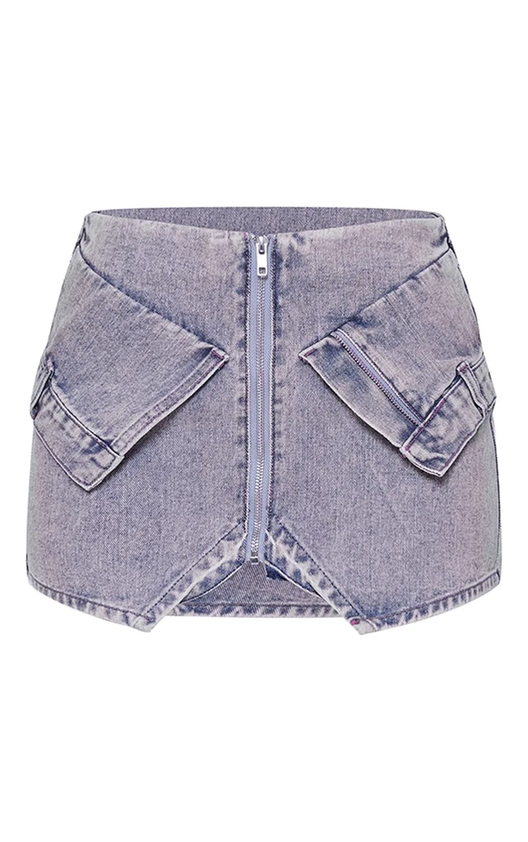Petite Light Blue Wash Mini Pocket Front Denim Skirt - 5