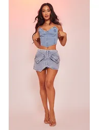 Petite Light Blue Wash Mini Pocket Front Denim Skirt