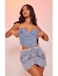 Petite Light Blue Wash Mini Pocket Front Denim Skirt - 3
