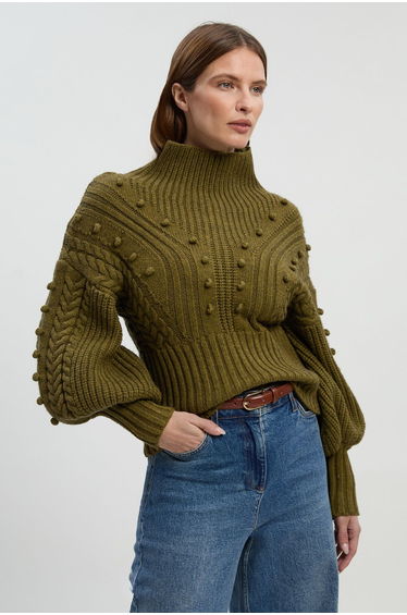 Bobble Detail Balloon Sleeve Cable Knit Viscose Blend Jumper