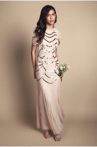 Cape Shoulder Embellished Maxi Dress