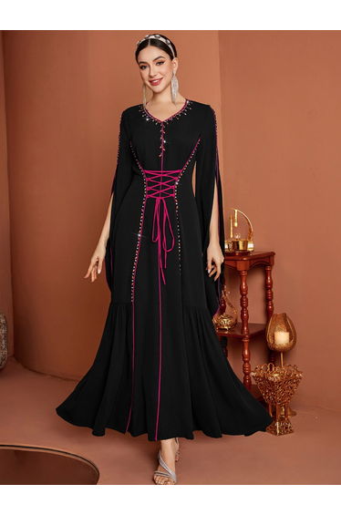 Women Black Embellished Fitted Waist Split Sleeve Maxi Dress