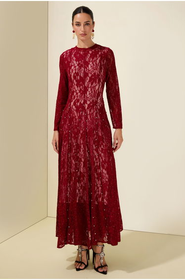 Lace Rhinestone Long Sleeve Midi Dress