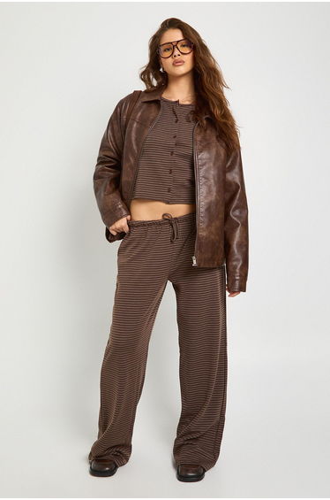 Stripe Minimal Waistband Wide Leg Trousers - chocolate
