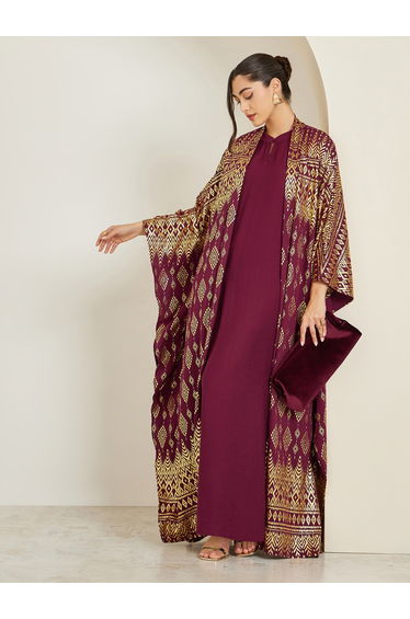 Women Burgundy Foil Print Kaftan with Inner Dress Set