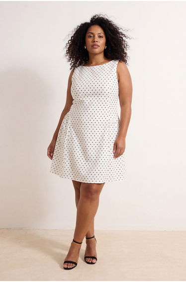 White Polka Dot Patterned Balloon Skirt Knitted Plus Size Dress