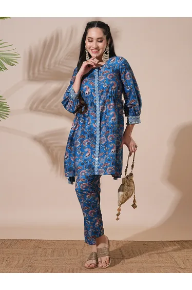 Floral Print Drawstring Detail Tunic with Mid-Rise Narrow Pants Co-Ords