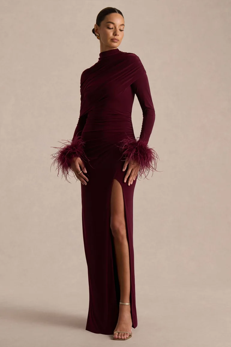Gatsby | Burgundy High-Neck Maxi Dress With Feather Trim Cuffs - 4