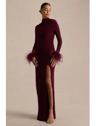 Gatsby | Burgundy High-Neck Maxi Dress With Feather Trim Cuffs - 4