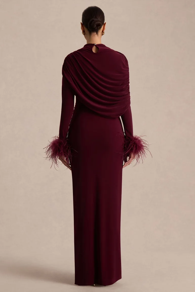 Gatsby | Burgundy High-Neck Maxi Dress With Feather Trim Cuffs - 1