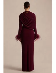 Gatsby | Burgundy High-Neck Maxi Dress With Feather Trim Cuffs - 1