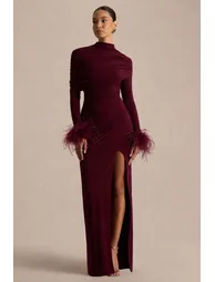 Gatsby | Burgundy High-Neck Maxi Dress With Feather Trim Cuffs