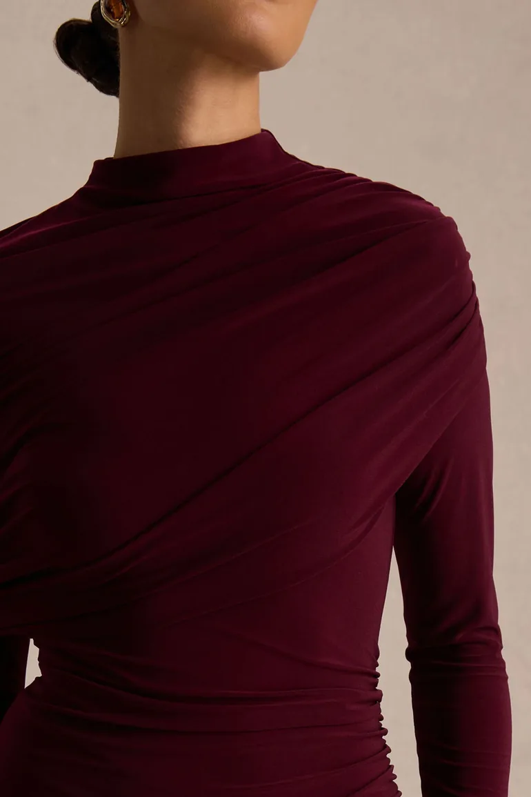 Gatsby | Burgundy High-Neck Maxi Dress With Feather Trim Cuffs - 5