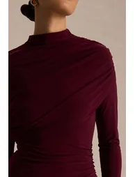 Gatsby | Burgundy High-Neck Maxi Dress With Feather Trim Cuffs - 5