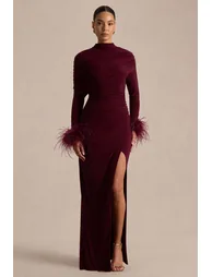 Gatsby | Burgundy High-Neck Maxi Dress With Feather Trim Cuffs - 3