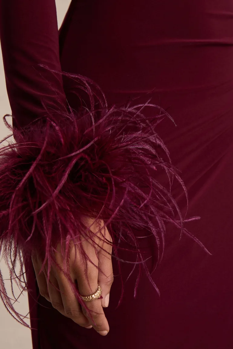 Gatsby | Burgundy High-Neck Maxi Dress With Feather Trim Cuffs - 2