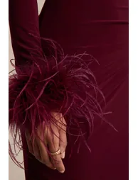 Gatsby | Burgundy High-Neck Maxi Dress With Feather Trim Cuffs - 2
