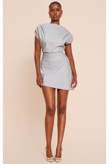 Blue Woven Tailored Boxy Cinched Waist Mini Dress