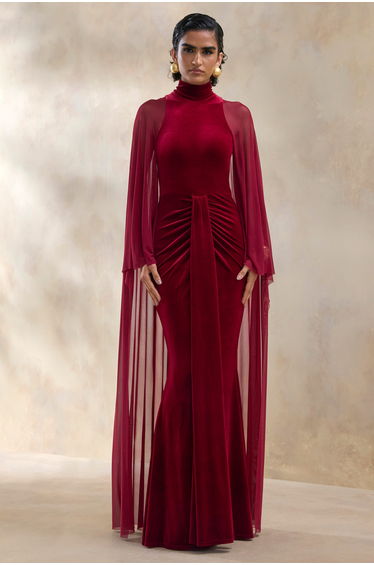 Adoring | Burgundy Velvet High-Neck Maxi Dress With Cape