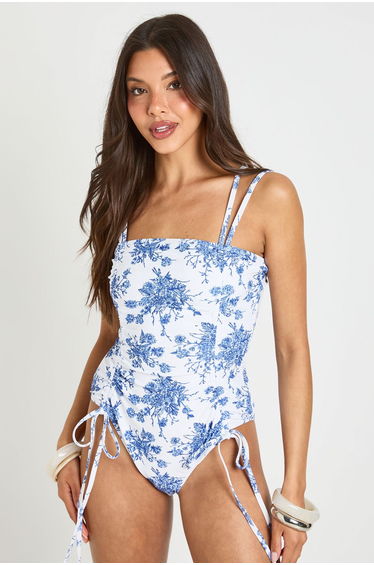 Floral Ruched Swimsuit - blue