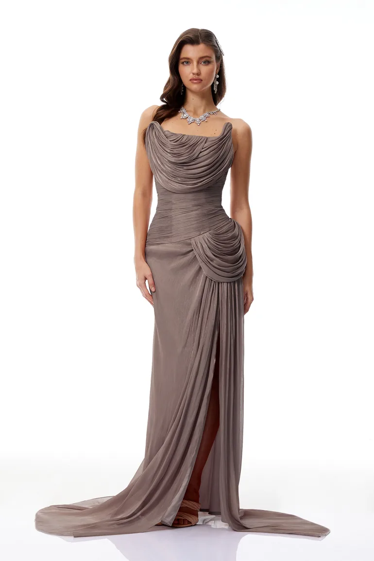 Gelsomina Grey Asymmetrical Glossy Gathered Maxi Dress - 1
