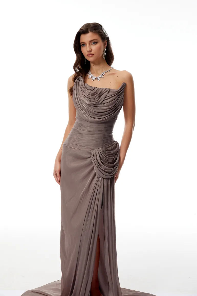 Gelsomina Grey Asymmetrical Glossy Gathered Maxi Dress - 4
