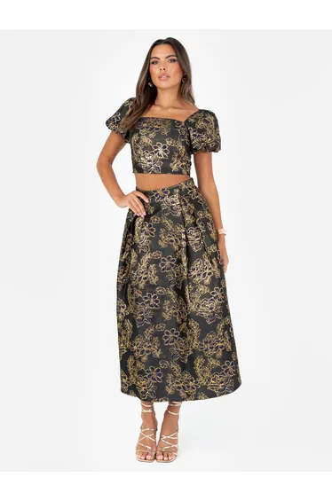 Maya Gold Floral Jacquard Pleated Midi Skirt with Pockets