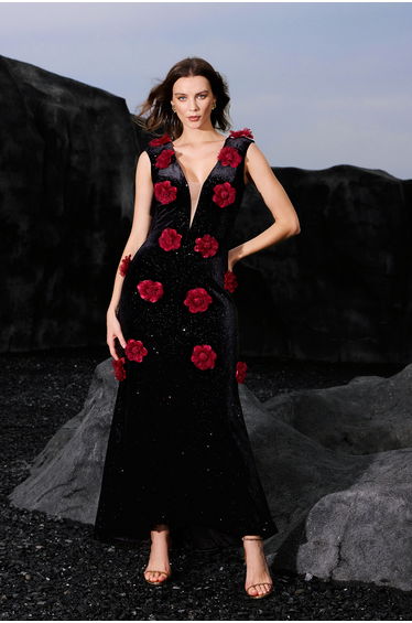Kimivi Deep-V Sleeveless Flrs Maxi Dress
