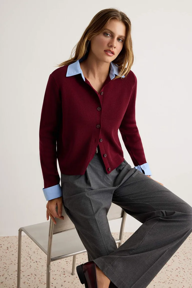 Burgundy Woven Collar Sleeve Detailed Knitwear Cardigan