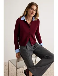 Burgundy Woven Collar Sleeve Detailed Knitwear Cardigan