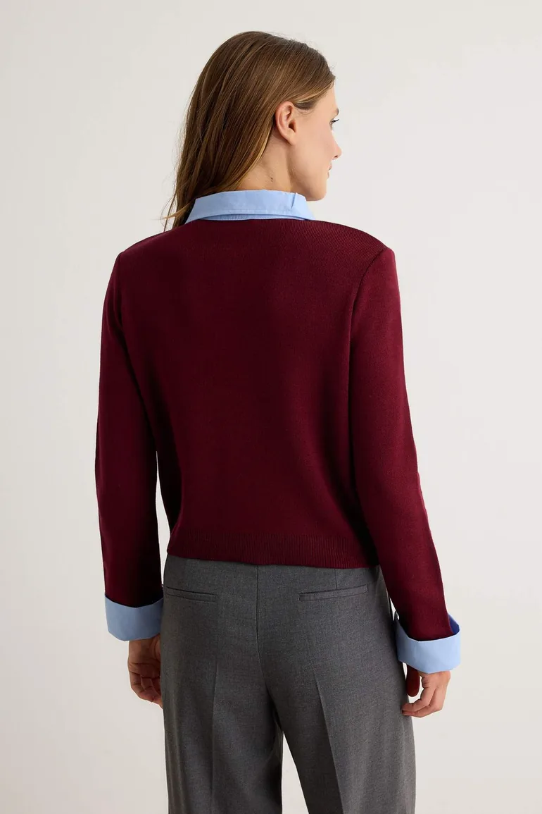 Burgundy Woven Collar Sleeve Detailed Knitwear Cardigan - 3
