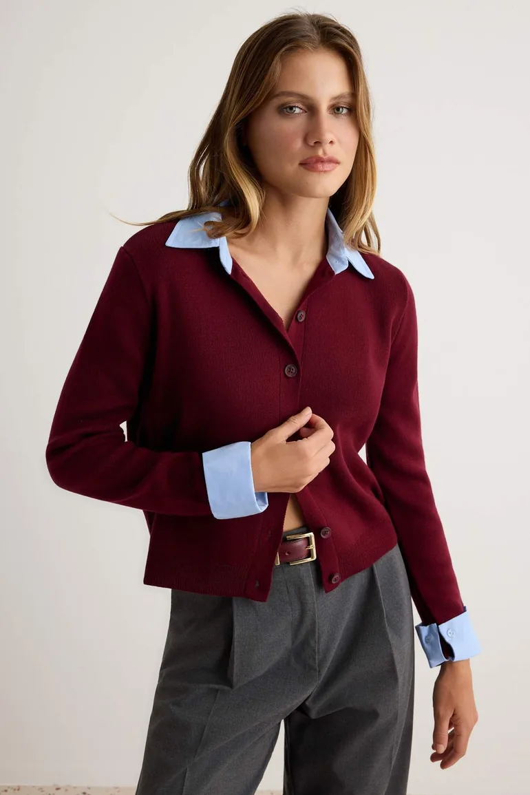 Burgundy Woven Collar Sleeve Detailed Knitwear Cardigan - 1