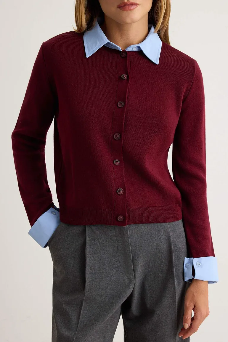 Burgundy Woven Collar Sleeve Detailed Knitwear Cardigan - 2