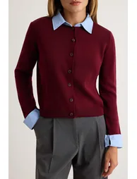 Burgundy Woven Collar Sleeve Detailed Knitwear Cardigan - 2