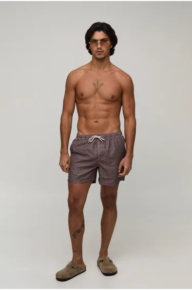 Abstract Print Mid Length Swim Short - brown