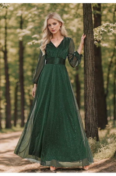 Fantasy Emerald V-Neck Glitter Gown